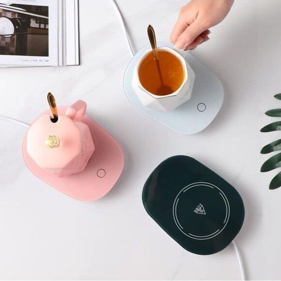 Brand New Pink coffee warmer mug& hot plate set + lid and golden spoon open box - Picture 7 of 8